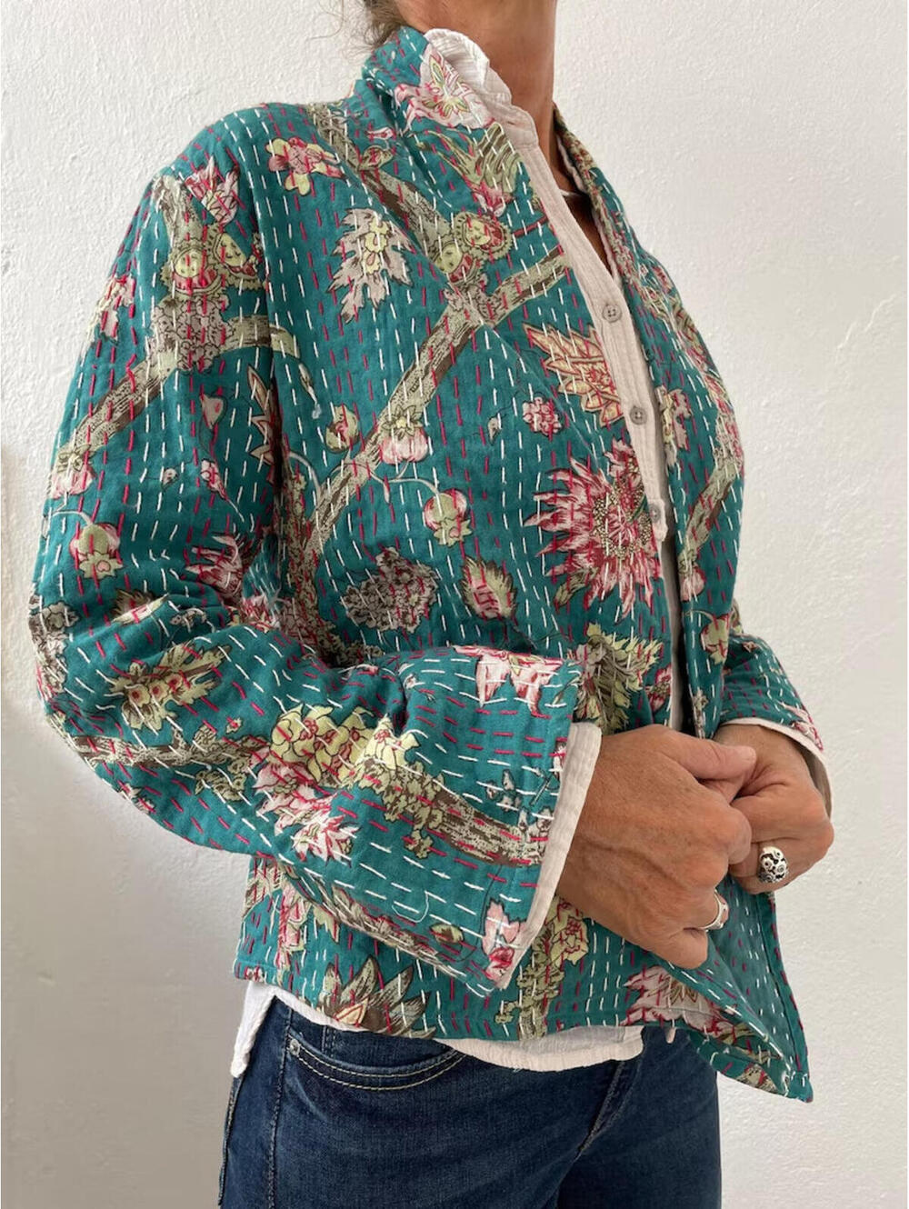 Anna Lou 100% Cotton Hand Embroidered Block Printed Boho Floral Kimono Jacket M